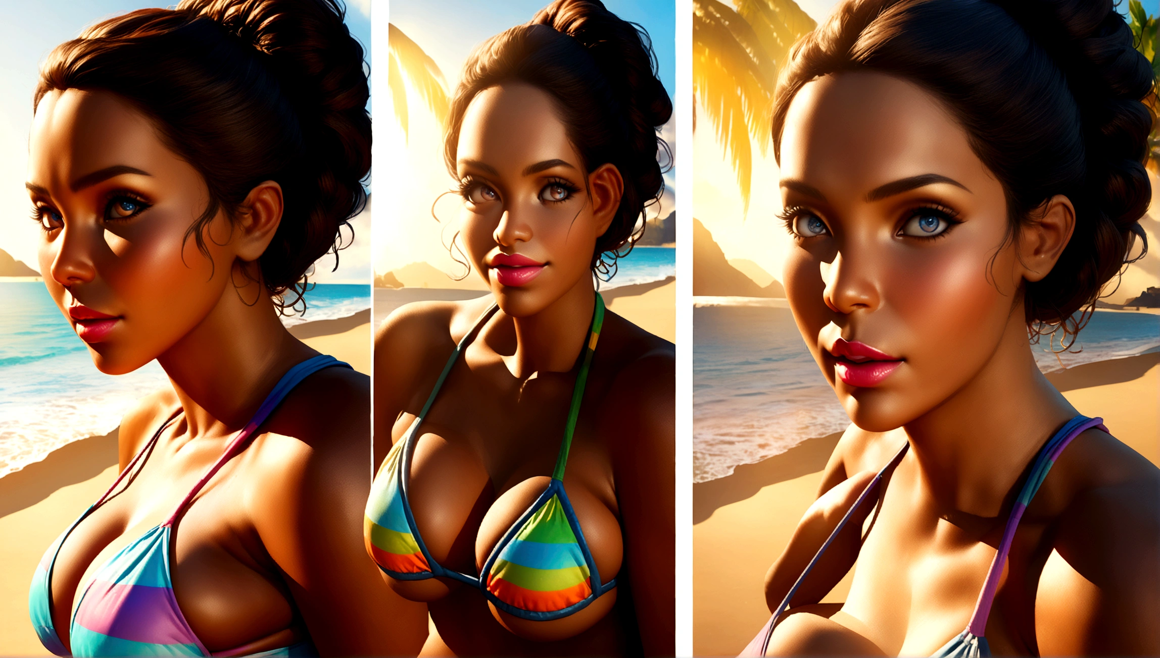 a brown skinned girl in a colorful bikini, beautiful detailed eyes, beautiful detailed lips, extremely detailed face and skin, long eyelashes, voluptuous figure, dynamic pose, tropical beach background, sunlight, photorealistic, high quality, 8k, best quality, ultra-detailed, realistic, vivid colors, warm lighting, cinematic, concept art, portrait