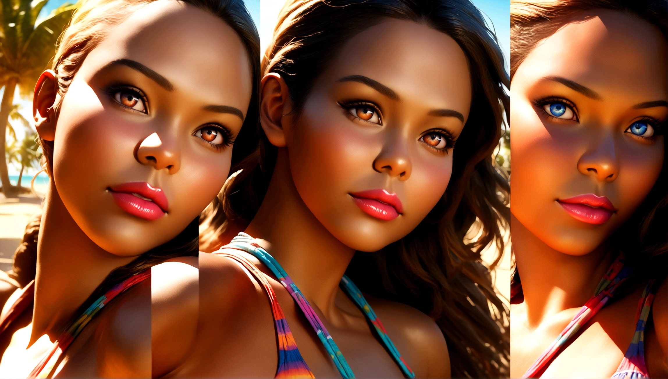 a brown skinned girl in a colorful bikini, beautiful detailed eyes, beautiful detailed lips, extremely detailed face and skin, long eyelashes, voluptuous figure, dynamic pose, tropical beach background, sunlight, photorealistic, high quality, 8k, best quality, ultra-detailed, realistic, vivid colors, warm lighting, cinematic, concept art, portrait