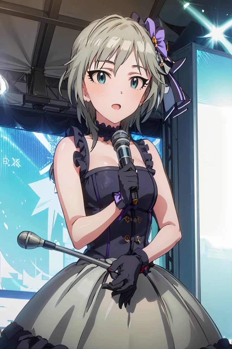 idolmaster, black gothic dress, dress, microphone stand, microphone, nice hands, perfect hands, :o, smile, Anastasia, (((pixel-perfect, detail-perfect))), 1girl, live stage