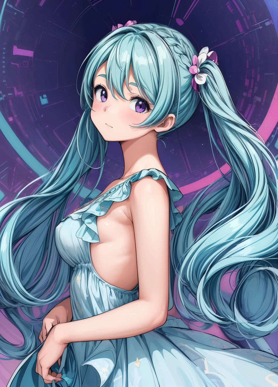 (masterpiece、最high quality、最high quality、Official Art、Beautiful and beautiful:1.2)、(One girl:1.3)Hatsune Miku、Twin tails,Beautiful breasts,high quality、Colorful color palette、high resolution、pretty girl、An unprecedented amount of drawing、Anime Style、Geometric background、Positive、Sticker Style、Long Hair、Light blue hair、Purple eyes