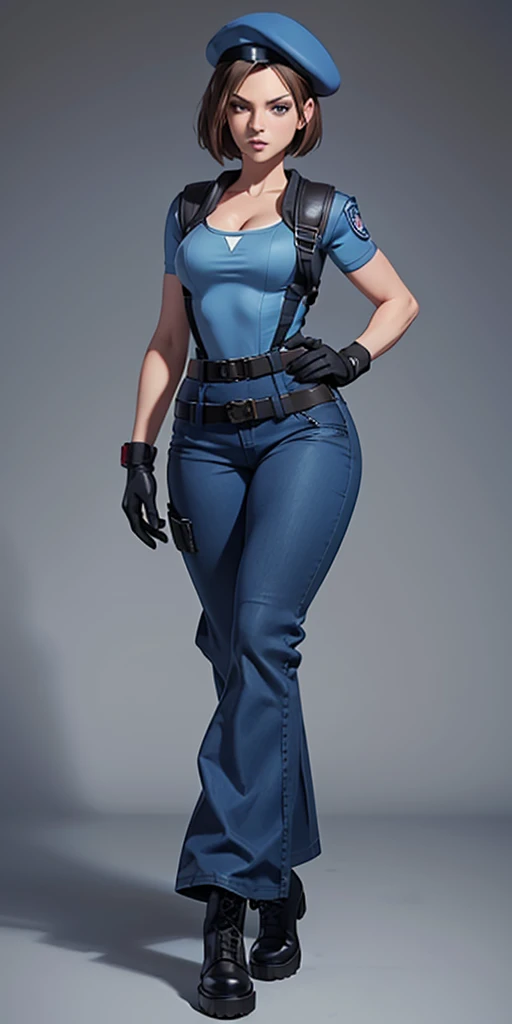 Jill Valentine, masterpiece, best quality, 1girl, solo, standing, jillre1, beret, uniform, shoulder pads, short sleeves, harness, belt, bell-bottom blue pants(Wide flares on pants:1.2), cleavage, black combat boots, full body, perfect blue eyes, perfect red mouth,