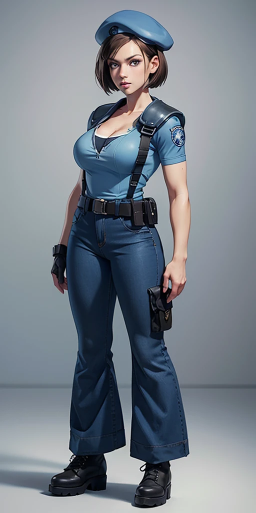 Jill Valentine, masterpiece, best quality, 1girl, solo, standing, jillre1, beret, uniform, shoulder pads, short sleeves, harness, belt, bell-bottom blue pants(Wide flares on pants:1.2), cleavage, black combat boots, full body, perfect blue eyes, perfect red mouth,