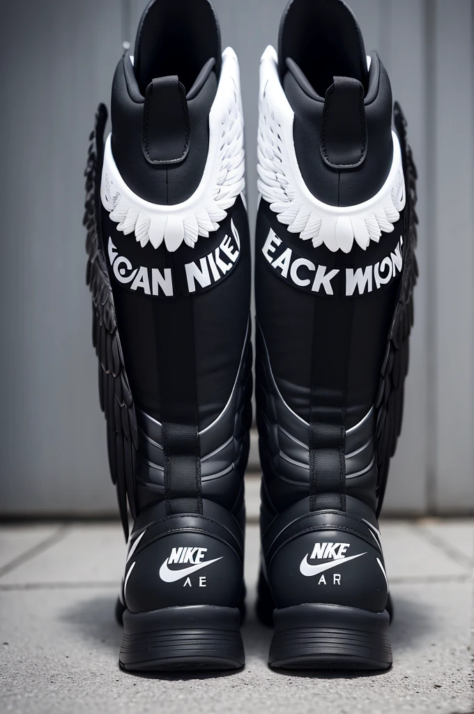 A custom Nike boot in black with white wings and the name eagle written on it 