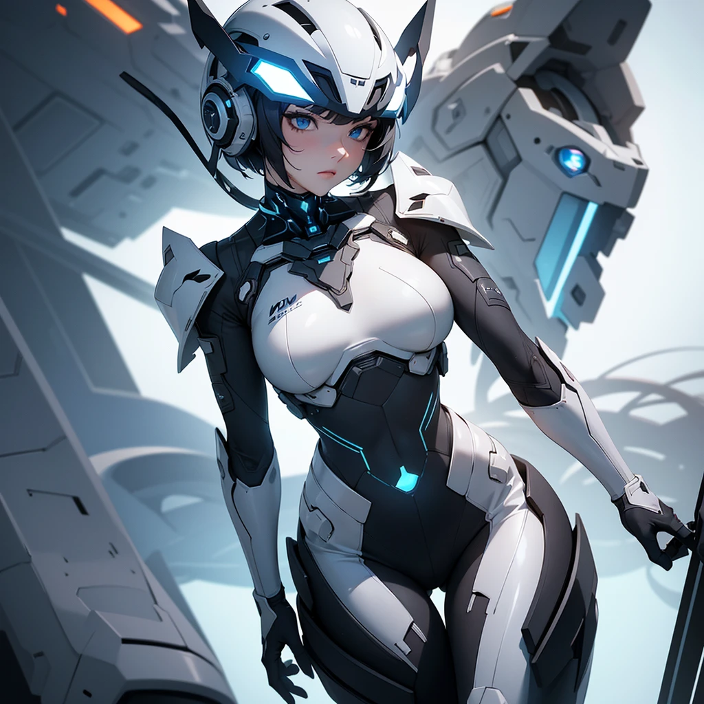 ((of the highest quality)), ((master piece)), (detail:1.4), Translucent white material with mechanical parts and transparent skin, Beautiful woman in cyber bodysuit made of gray carbon material, Glowing pale with LEDs, (Wide open chest), Ticker (High dynamic range), Ray tracing, NVIDIA RTX, Super Resolution, Subsurface Scattering PBR Texturing, Post-processing, Anisotropy Filtering, depth of fields, Surface Shading, Accurate simulation of light/Material Interactions, perfectly proportions, Two-tone lighting, Wide aperture, Low ISO, White Balance, 8K, NSFW, (((cyber helmet))), 25 year old woman, Cyber headgear with dull glowing LEDs, knee high, Dull bangs beautiful short hair, ((Cyber hood with dull glowing LEDs)), beautiful short black hair, beautiful blue eyes, angry face, Skin of the hips and thighs, Beautiful body, Chest to feel gravity, (Medium breasts: 1.0), Simple and minimalistic space, Natural sexy poses, Looking down, close up