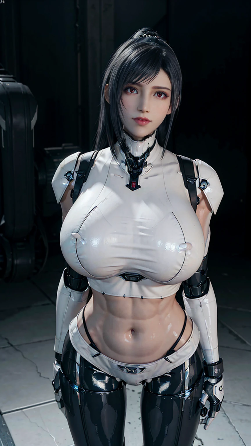 Solo, stand up straight, black hair, physically-based rendering, Unreal Engine 5 Render, (muscular body shape),(very huge fake breast:1.5), 11 line abs, big Hips, ((beautiful cyborg woman,Black Mecha cyborg girl,cyber ckeavage crop top armored,white Mecha body girl,guard arms,gloves:1.5)), (close up upper body), (wet sweaty skin,oiled bodyskin,clean skin), beauty model, 4K Resolution.