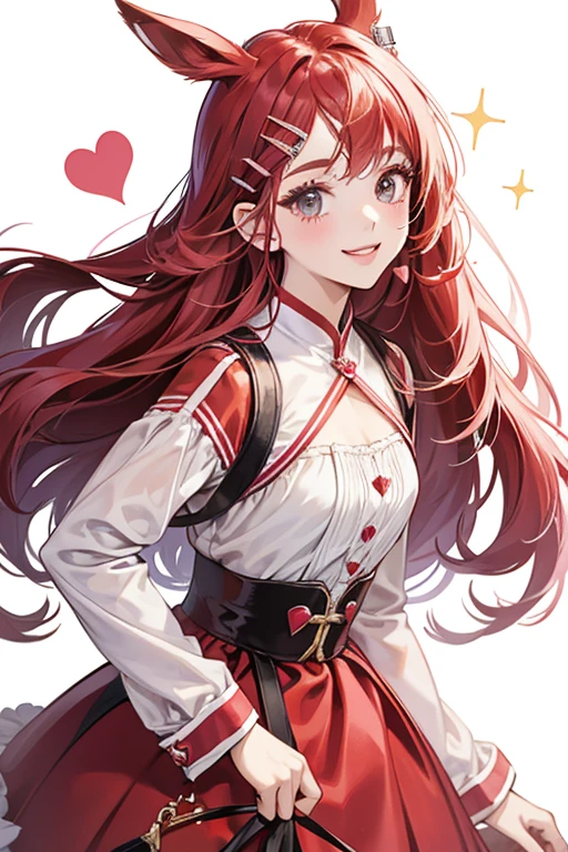 She has red heart shaped hair clips or ears, a red skirt, three white feet, small black eyes and a wide smile. In her current artwork, she was given pink cheeks, eyelashes, and her hairclips or ears had gotten smaller. SPARKLE; GLITTER
