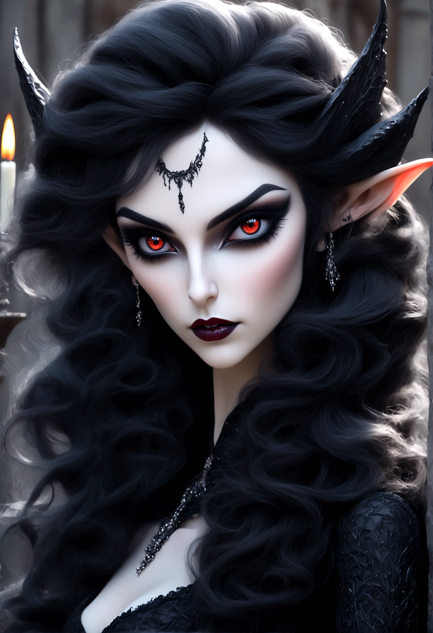 Create an image of the most stunningly gorgeous beautiful perfect sexy vampire elf, beautiful perfect face, long luscious eyelashes, black eyeliner, perfect makeup, lipstick, vibrant detailed vampire slit pupils, luscious black hair, highlights in hair, seductive gothic intricate black dress, full body view,