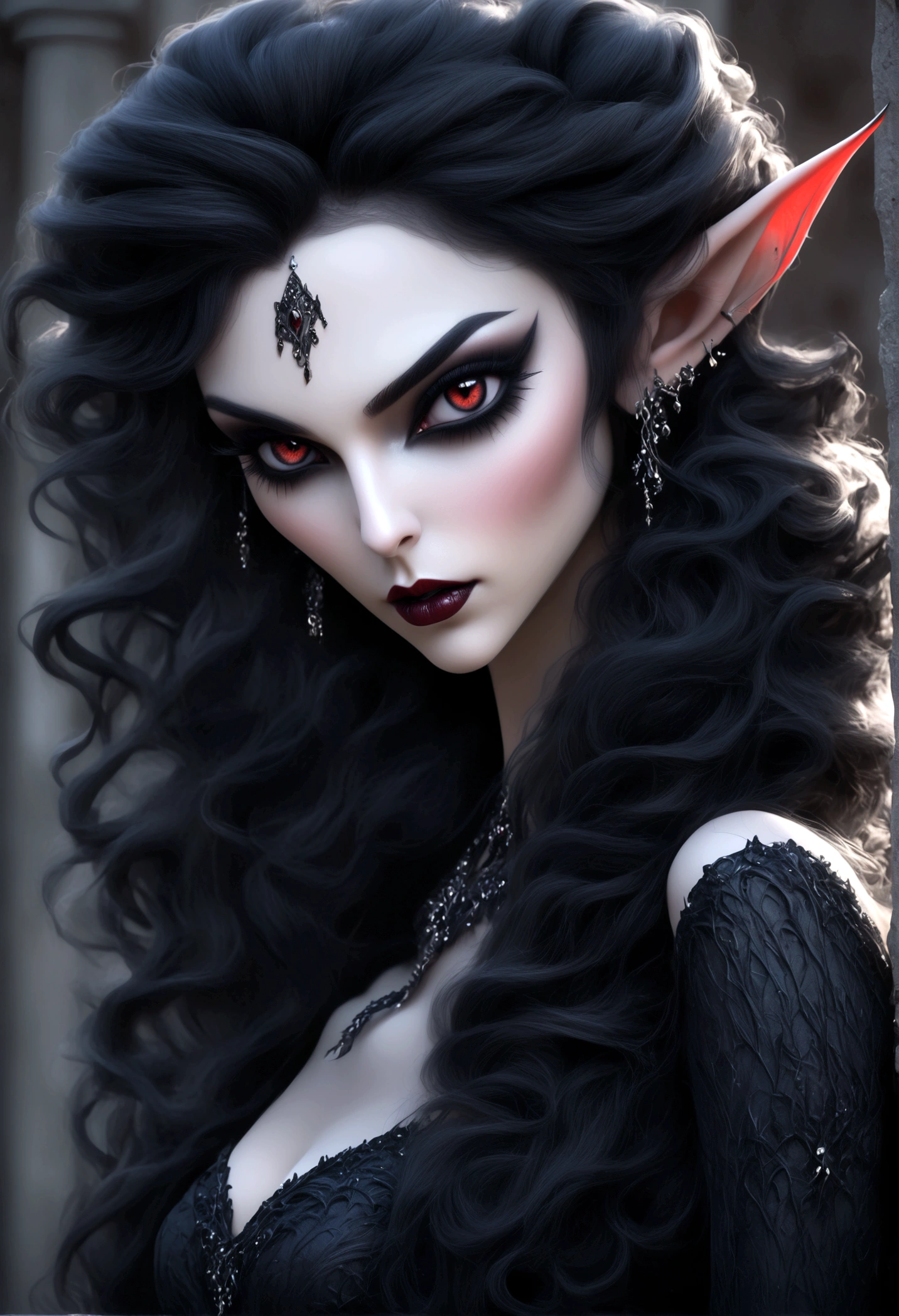 Create an image of the most stunningly gorgeous beautiful perfect sexy vampire elf, beautiful perfect face, long luscious eyelashes, black eyeliner, perfect makeup, lipstick, vibrant detailed vampire slit pupils, luscious black hair, highlights in hair, seductive gothic intricate black dress, full body view,