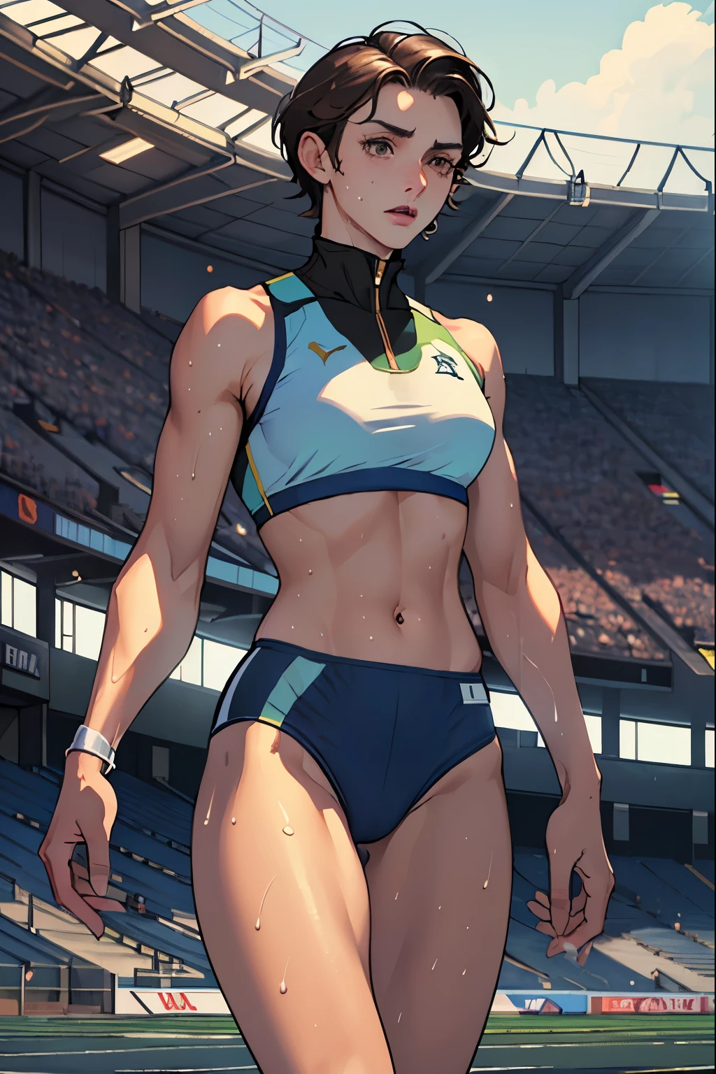 ((masterpiece)), ((Highest quality)),Ultra-high resolution, Caustics, detailed, Beautiful detailed Eyes, alone, (Athletics Stadium, Track and field athlete),Cowboy Shot,20 year old beauty、( another, High leg bloomers ,Show your belly),Slender body, Ideal body proportions,Sweat,Medium chest,Brown eyes, Medium Hair,Brown Hair,Painful expression、running