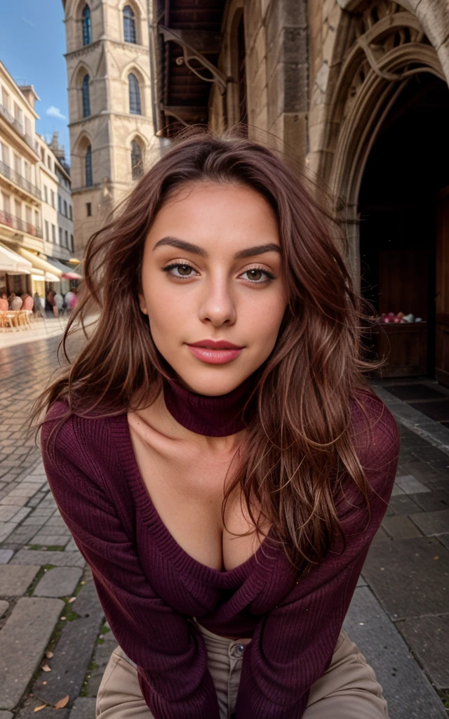 22-year-old woman, ein elegantes Erscheinungsbild. My brown hair falls in long waves over my shoulders and hangs down at the sides of my breasts, frames my face and highlights my green eyes. Meine vollen, red lips are shaped into a smile. My snub nose is covered with freckles, which contrast with my tanned skin. Meine Augenbrauen sind dick und dunkel, gives me a seductive look. Meine Wangenknochen sind hoch und definiert, und meine Wimpern sind lang und geschwungen. zeigt meine Kurven. Wrapped in a turtleneck sweater and wide-leg pants, she wanders through an empty courtyard near Notre-Dame, it's raining and the light gives the picture a romantic atmosphere. the model is holding an umbrella