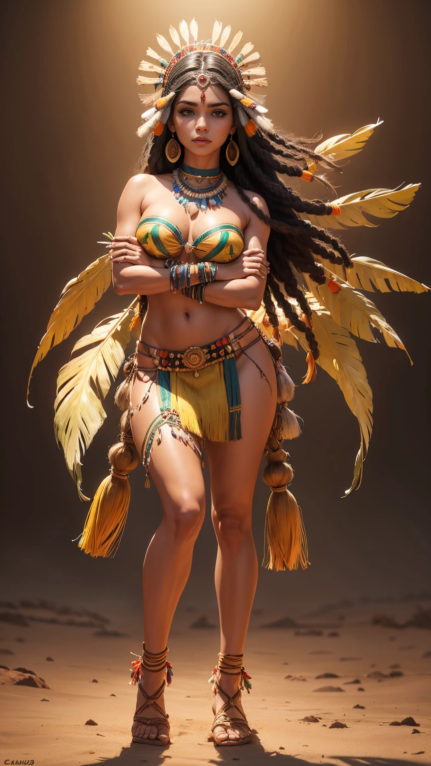 (((full body))), Estilo 3DMM, , 128K Ultra High Definition, 128K Ultra Alta Qualidade, Ultra-high 128K resolution, 128K resolution, Qualidade 128K, 128K resolution, Better definition, melhor qualidade, best resolution, hiper detalhado, hyper definition, hiper qualidade, Hyper resolution, perfeitamente detalhado, perfeitamente projetado, obra de arte, ((uma mulher de 28anos em um traje nativo com penas)), ((portrait of a 28 year old Brazilian indigenous woman Indigenous Goddess)), ((estilo maia)), ((Amazonian Indigenous Makeup)), ((Amazonian indigenous hair)), ((Amazonian mythology)), ((cocar de penas intrincado)), ((Headpiece com penas pequenas)), ((crossed arms, ansioso)), ((Create a Dramatic Lighting Image of a Native Brazilian Woman)), ((Warm and wise expression)), ((com dedos extremamente perfeitos)), ((Olhos extremamente perfeitos)), ((perfect hands)), ((mulher de 28 anos)), ((The Face with Indian Paint)), (((cabelo morena))), action pose