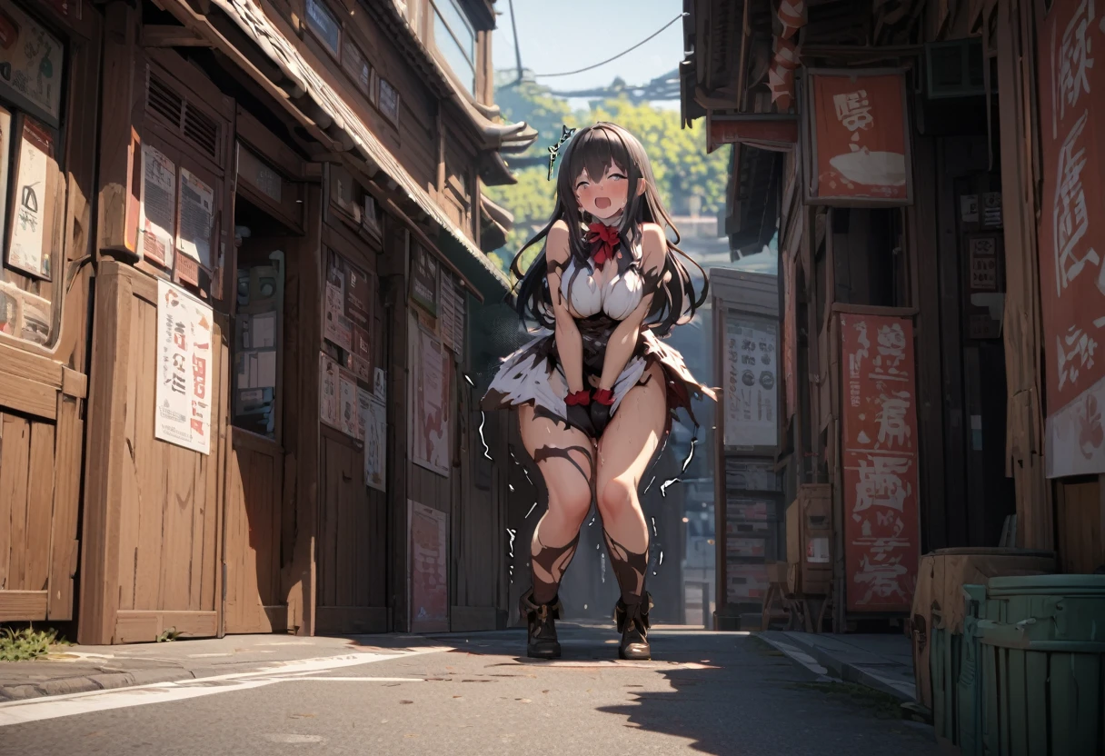 highly detailed 8k, beautiful girl focus, torn erotic costume, trembling, covering crotch, orgasm, held by ugly man, wide shot, public indecency,