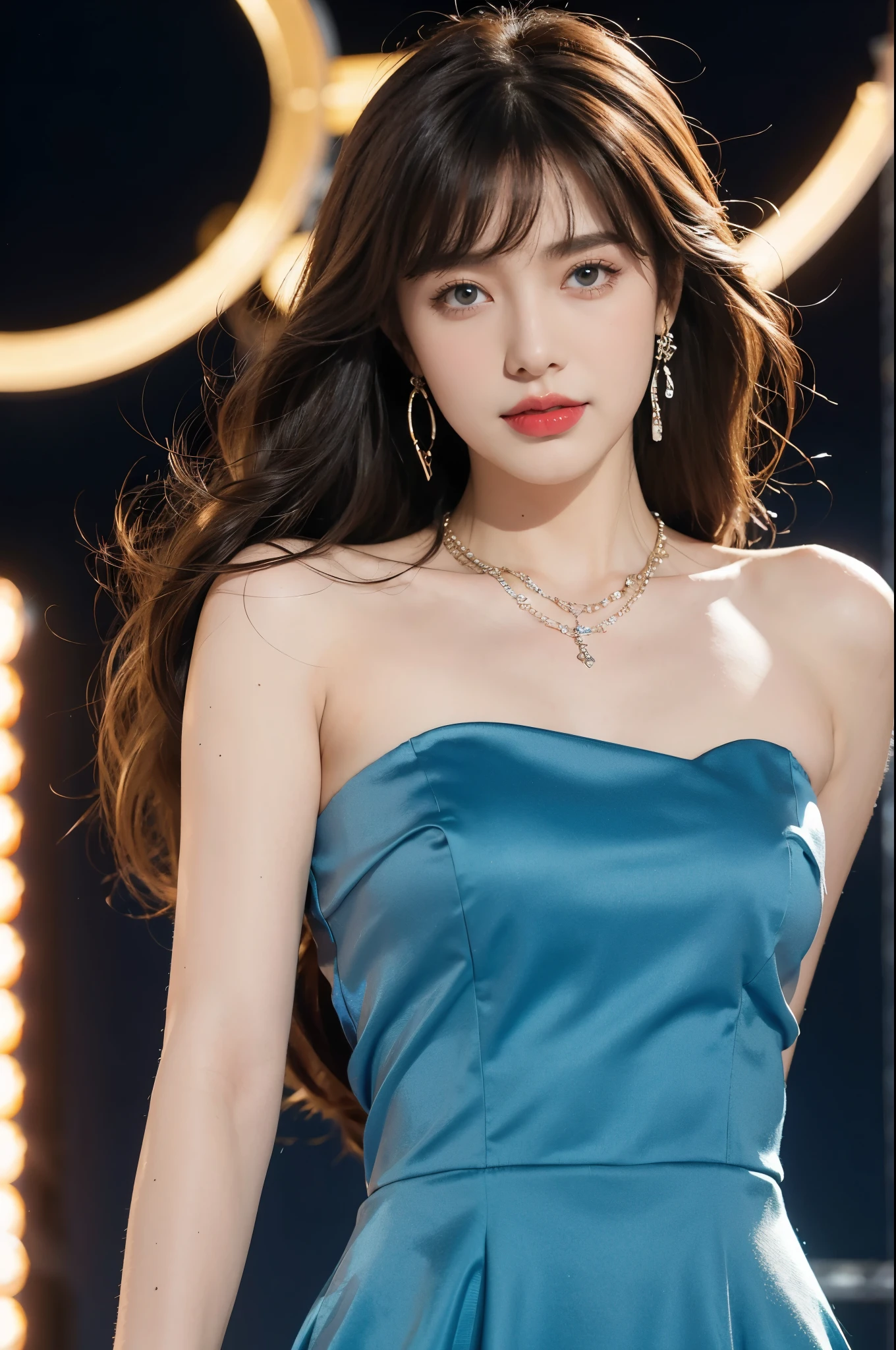 1girl,bangs,bare shoulders,necklace,strapless blue dress,detailed background,detailed eyes,brown hair,earrings,upper body,jewelry,slim,flat chest,messy hair,looking at viewer,makeup,night scene,red lips,signature,laughing,solo,standing,On the T-stage,catwalk,fashion show,Surrounded by crowded crowds on both sides of the stage,neon lights