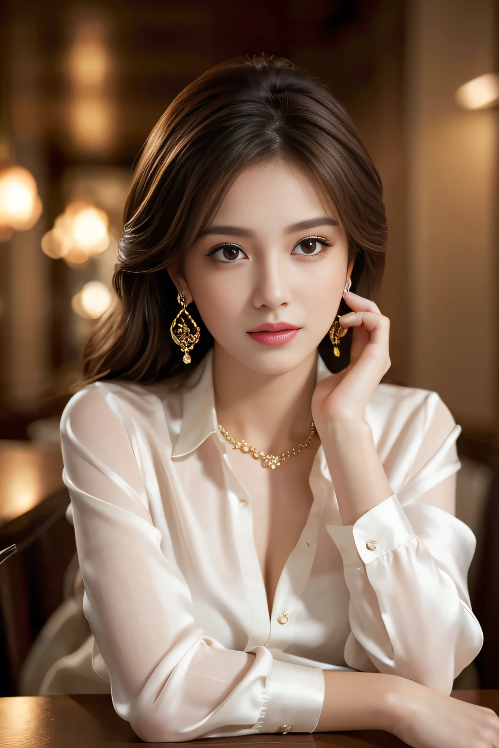 masterpiece, Highest quality, Realistic, Very detailed, Finer details, High resolution, 8k wallpaper, One beautiful woman, Wear an elegant silk shirt, In a great restaurant, At night, Light brown messy hair, Perfect dynamic composition, Beautiful and beautiful eyes、Big earrings