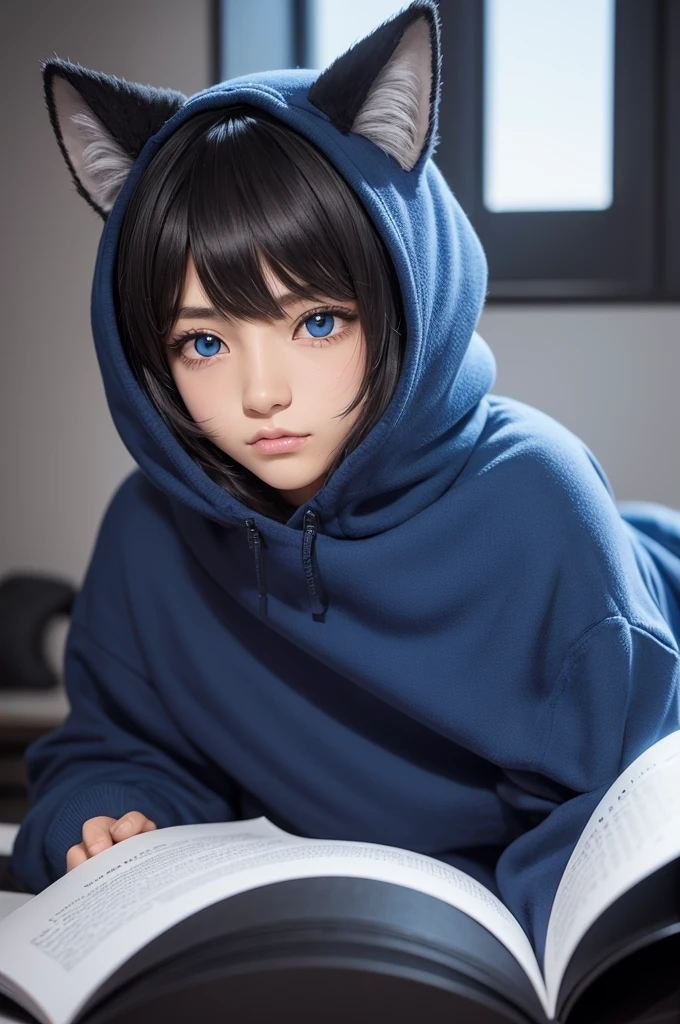 Gato furry (anime),com moletom preto, olhos da cor azul, interior das orelhas azul, (masculino), se assemelha com um estudante