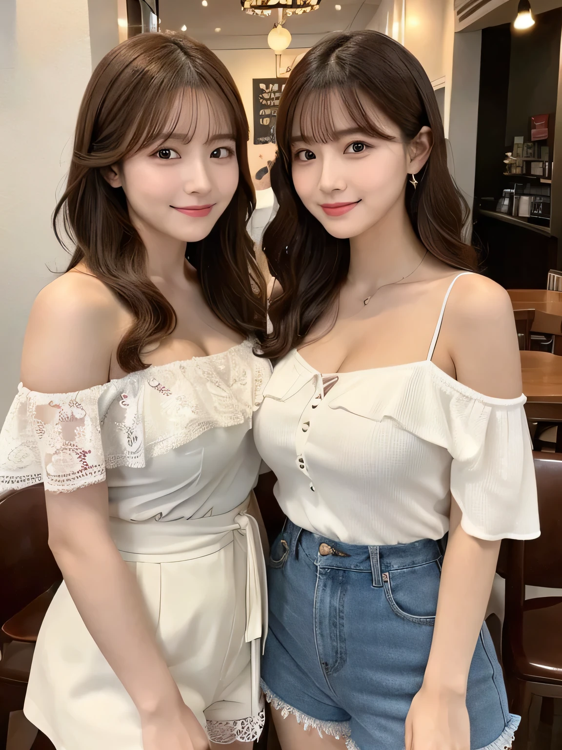 (((2 Girls Two Shot (2 Girls Two Shots)))), Realistic:1.2,masterpiece,Highest quality,98k,((Two Women)),20-year-old,47-years-old,Japanese women、Tight waist,Perfect Anatomy, Brown Hair, Wavy Hair,Random Hairstyles,Big beautiful breasts,((Fully detailed face and eyes:1.2))((Cute face:1.2)),Random Pause,smile, Full Body Shot,Natural Face,Big Breasts,Off-the-shoulder top reveals cleavage,A photo of two women wearing lace shorts blouse skirt at the cafe,
