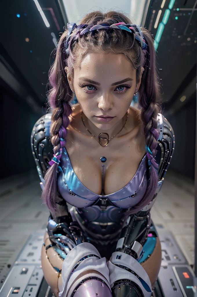 a beautiful 18 year old girl with bionic implants, green eyes, violet hair, skin as white as snow, super sexy, extreme realism, (hdr), detailed face, intricate mechanical details, glowing cybernetic enhancements, dynamic pose, dramatic lighting, cinematic composition, photorealistic, 8k, masterpiece, posing with her face sideways with a sexy smile.