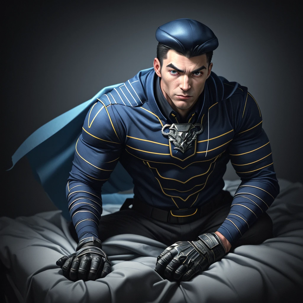 A full-body 3D male realistic model, wearing a full-body hero suit and cape in the pattern of a professional baseball uniform, a very short-haired, crew-cut, cool, dandy-looking, veteran-aged man with a shiny, sparkling blue cape that is longer than his body, gloves and a cap are always worn, an original hero, only the eyebrows, eyelashes and eyes are visible, his mouth is bandaged and sealed, the upper half of his face is bare with a sharp look in his eyes, he has six-pack abs, a muscular, macho, sturdy body and is cool, with both legs closed and both hands clasped behind his back in an X shape, his whole body tied up and sealed with duct tape and held. Tired, he has collapsed and is sleeping with his eyes closed. A coat of arms, in a dark room background, his whole body facing forward, backward, left and right (north, south, east and west), an image of him being mummified and restrained