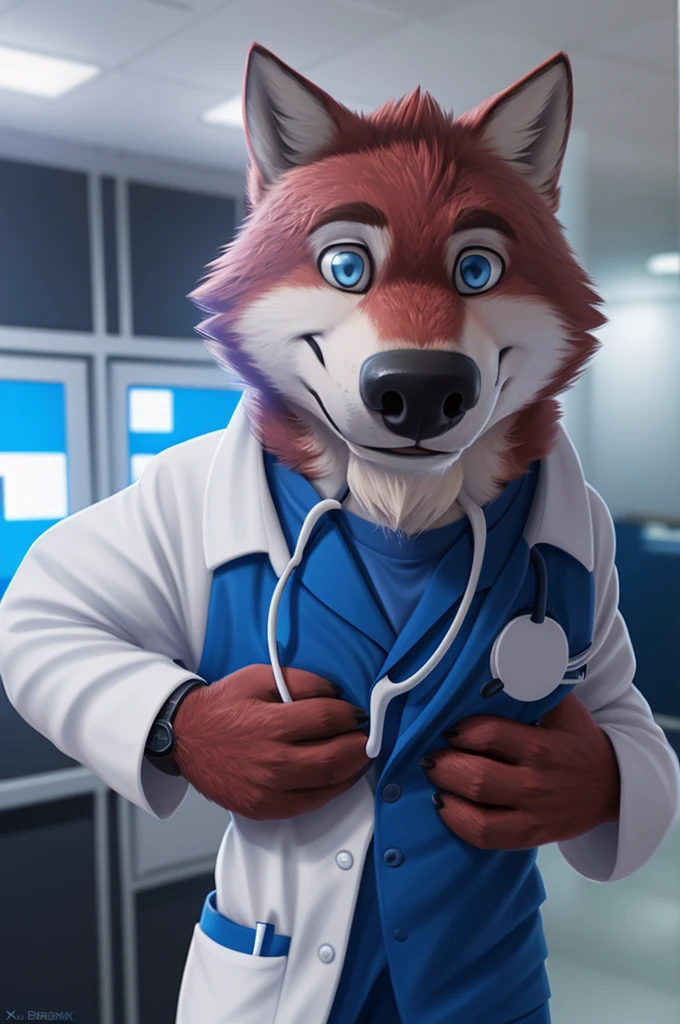 Ivan Fedorovich Wolfbach (Novosibirsk) ,tall handsome, wolf,young, 24 years, brown fur,Kind,(red body:1.3),beautiful blue eyes,Novosibirsk,dressed, white medina robe, stethoscope,Dr,shirt,black tie,trousers,canine, wolf, detailed fur, male, antro, paw pads, finger claws,at viewer, 5 fingers, paws, 5 fingers, smile, wrist watch, т nextel,by xenoforge, (difficult, high detail, digital photography, soft focus, RAW species театр,very close to the camera, species,Novosibirsk, smile, a good mood, positive, very close to the camera,intensive care unit, newborns, stethoscope, 
Photorealism, realistic, photorealistic, digital style, Subsurface scattering,Looking at the viewer,hugs the she-wolf, 
masterpiece, Best quality, ultra realistic, 8 k)