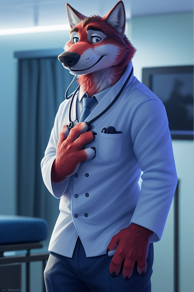 Ivan Fedorovich Wolfbach (Novosibirsk) ,tall handsome, wolf,young, 24 years, brown fur,Kind,(red body:1.3),beautiful blue eyes,Novosibirsk,dressed, white medina robe, stethoscope,Dr,shirt,black tie,trousers,canine, wolf, detailed fur, male, antro, paw pads, finger claws,at viewer, 5 fingers, paws, 5 fingers, smile, wrist watch, т nextel,by xenoforge, (difficult, high detail, digital photography, soft focus, RAW species театр,very close to the camera, species,Novosibirsk, smile, a good mood, positive, very close to the camera,intensive care unit, newborns, stethoscope,
Photorealism, realistic, photorealistic, digital style, Subsurface scattering,Looking at the viewer,hugs the she-wolf,
masterpiece, Best quality, ultra realistic, 8 k)
