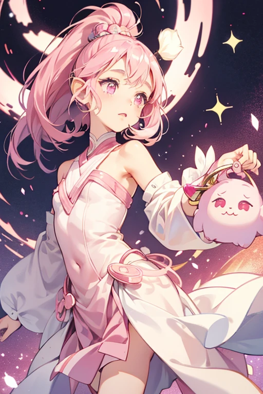Ufufutchi has a pale pink body. She has two small, round ears on top of her head, and two tiny darker pink feet. She has dot-like eyes with one eyelash each, and pink cheeks. SPARKLE; GLITTER