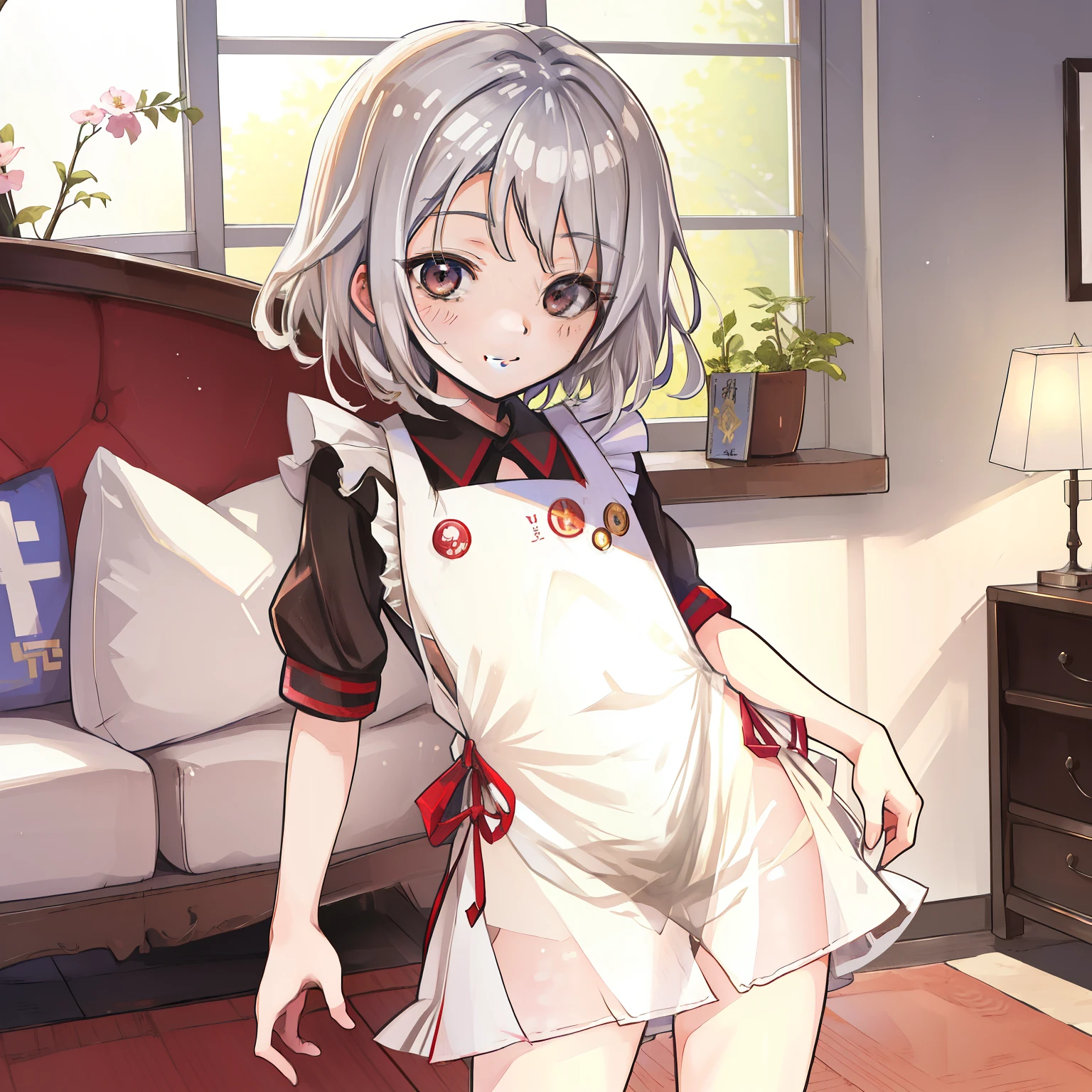 Kimishima Ikuto、17 years old、Beautiful Boy、boy、boy1people、Beautiful Boy、(Hairstyle:Silver short hair,Outwardly curled hair,Silver Hair)、Slanted Eyes、Brown eyes、Perfect Anatomy、whole body、Thighs、Wink、Cute smile、Sexy smile、Bright room、((White apron,See-through,translucent)),(background:Living Room),((Half naked)),Thin and flat chest、Thighs,Black shorts