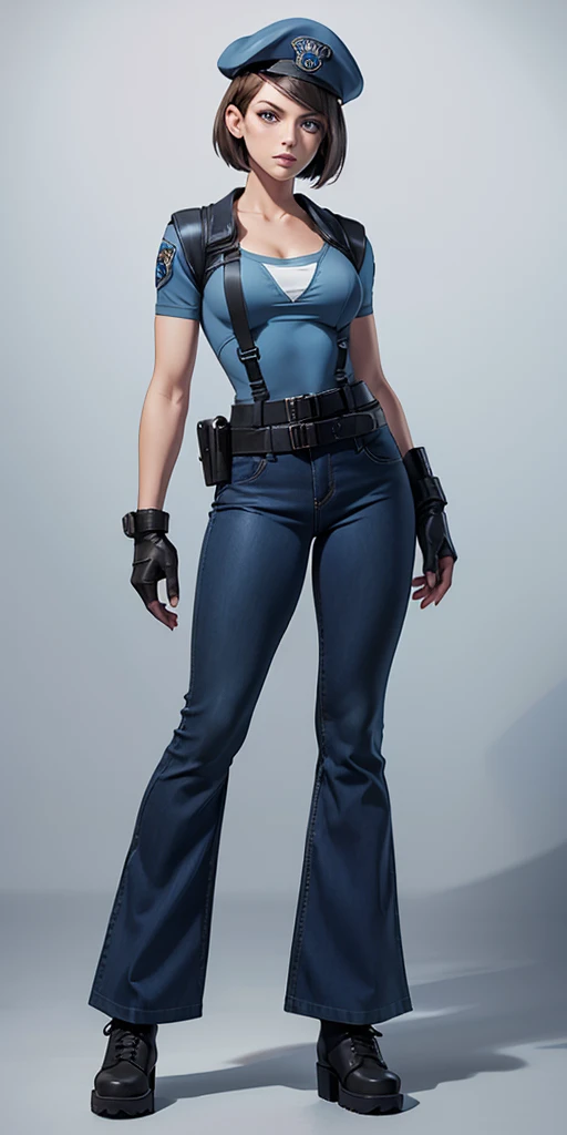 Jill Valentine, masterpiece, best quality, 1girl, solo, standing, jillre1, beret, uniform, shoulder pads, short sleeves, harness, belt, bell-bottom blue pants(Wide flares on pants:1.2), cleavage, black combat boots, full body, perfect blue eyes, perfect red mouth,