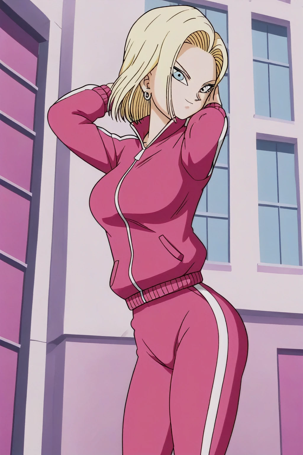 source_anime, score_9, score_8_up, score_7_up, anime screencap, detailed face, android 18, supertop, 1girl, solo, looking at viewer, short hair, blue eyes, blonde hair, collarbone, hoop earrings, city, street, collar up, open track jacket, open pink jacket, open jacket, white top, track suit, track pants, pink pants, standing, hands in pockets, from below, big breasts, sexy hips, big ass, thick legs, sexy body.