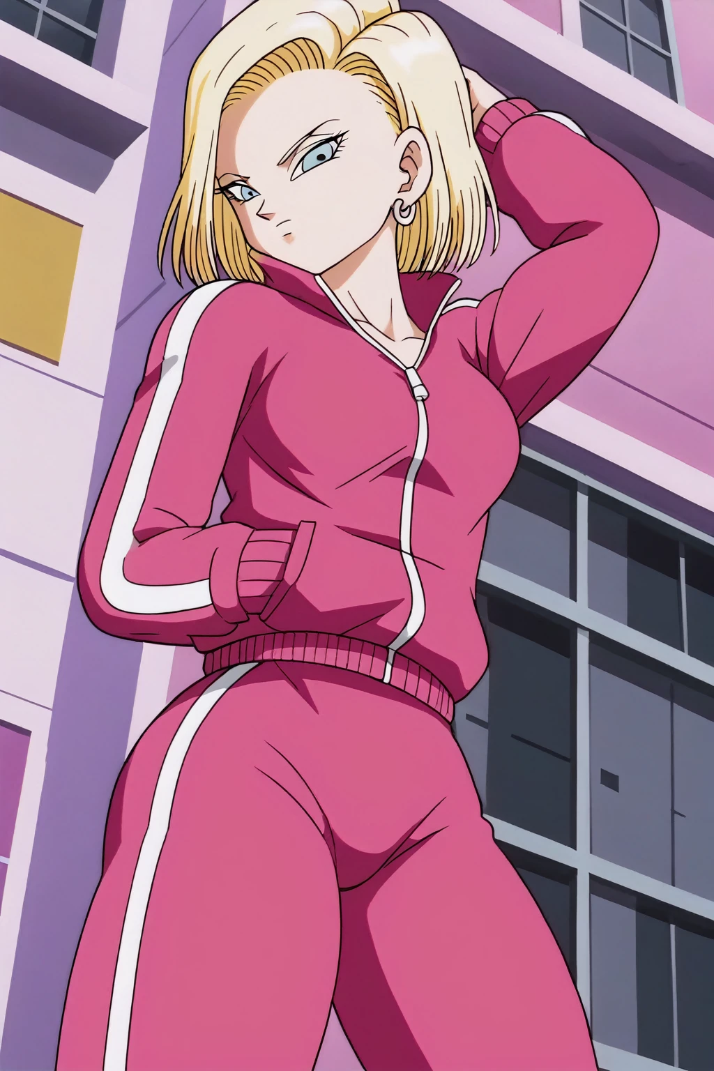 source_anime, score_9, score_8_up, score_7_up, anime screencap, detailed face, android 18, supertop, 1girl, solo, looking at viewer, short hair, blue eyes, blonde hair, collarbone, hoop earrings, city, street, collar up, open track jacket, open pink jacket, open jacket, white top, track suit, track pants, pink pants, standing, hands in pockets, from below, big breasts, sexy hips, big ass, thick legs, sexy body.