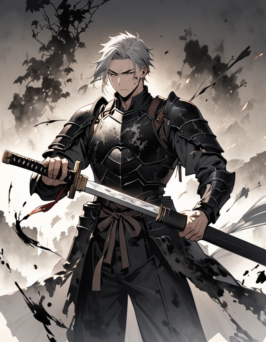 Man with long grey hair　28 years old　Putting a Japanese sword into its sheath　Black armor is dirty and cracked　Ink Painting　