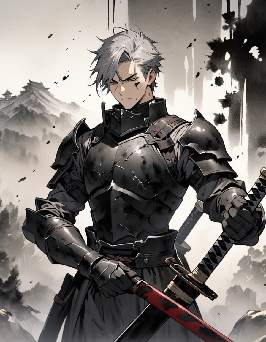 Man with long grey hair　28 years old　Putting a Japanese sword into its sheath　Black armor is dirty and cracked　Ink Painting　