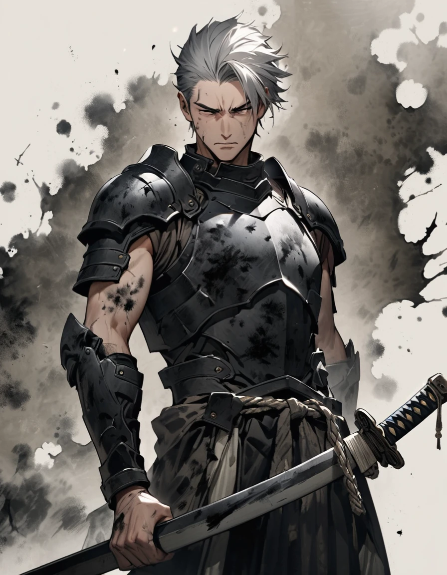 Man with long grey hair 28 years old Putting a Japanese sword into its sheath Black armor is dirty and cracked Ink Painting
