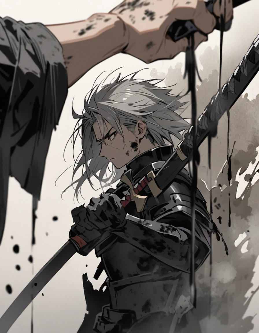 Man with long grey hair　28 years old　Putting a Japanese sword into its sheath　Black armor is dirty and cracked　Ink Painting　