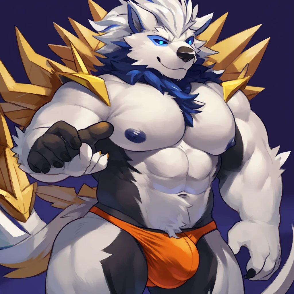 Solo, Anthro, male (((solgaleo, blue sclera, muscular, big pecs, abs, black body, white body, white fur, black nose, multicolored mane, mane, 5 fingers, tail, orange speedo, big bulge))) standing, full body, perfect anatomy, by darkgem, by mystikfox61, by glitter trap boy