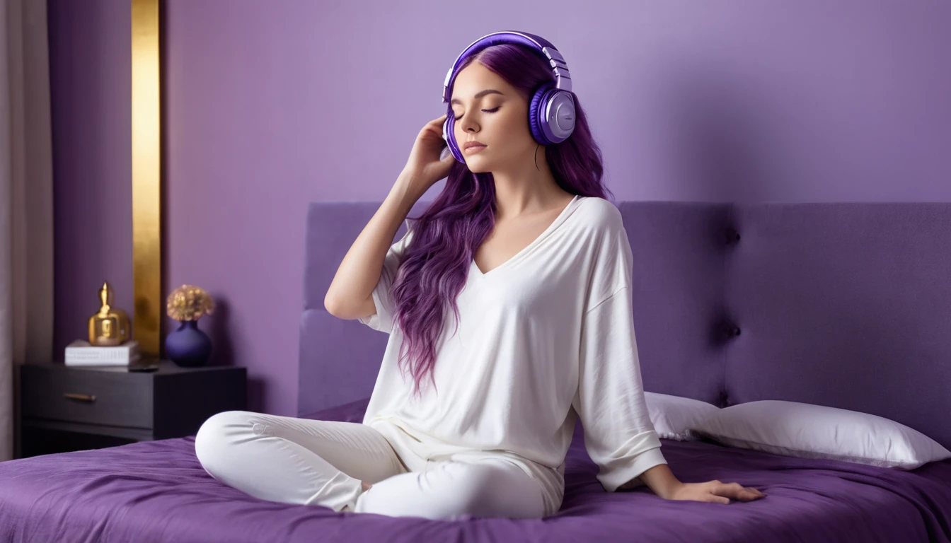 8k, digital image, hdr, sitting sideways, in the bedroom, dark lilac room, windows, a beautiful woman, 26 years old, sitting on the bed sideways, very beautiful, eyes closed, long purple hair, with blutouth headphones, headphones by ear, ivory column with gold, picture on the wall written ""Calm the Mind"