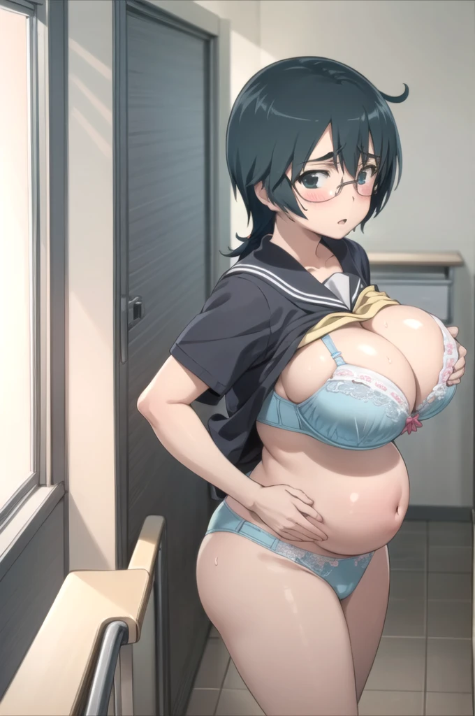 solo, 1girl, looking at viewer, flat colors, 2D, anime, anime coloring, upper body,indoor,classroom, miharu mikuni, , serafuku, yellow neckerchief, parted lips, looking at viewer, girls,Busty junior high sstudent,(lar,huge breast,(round breast),busty,full bust,slender,skinny body,ample breast,Ample breasts,(shirt lift),clothed bra,(show off bra),(color bra:1.2),(Narrow waist:1.3),cleavage,Troubled face,Sweat,blush,excited,from above,look up,pregnant