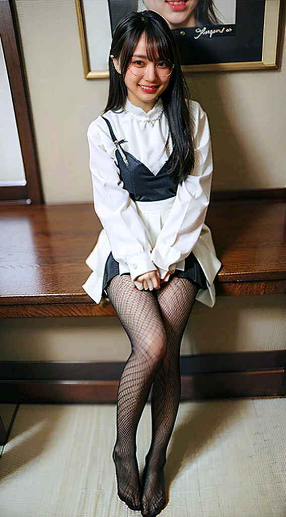 masterpiece, highest quality, 4K, Ultra-high resolution, mishoujo, Painting, Beautiful eyes and fine face, figure, Beautiful details, high resolution figure, Shine_white_particle, One girl, Small breasts、Large Breasts、High 、Japanese、Japanese Idols、A kind smile、Fishnet tights