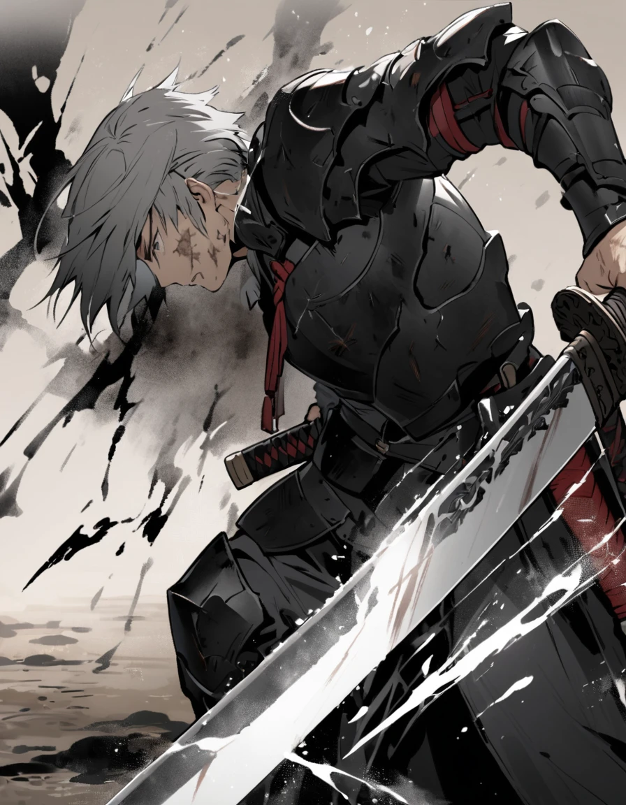 Man with long grey hair　28 years old　Putting a Japanese sword into its sheath　Black armor is dirty and cracked　Ink Painting　