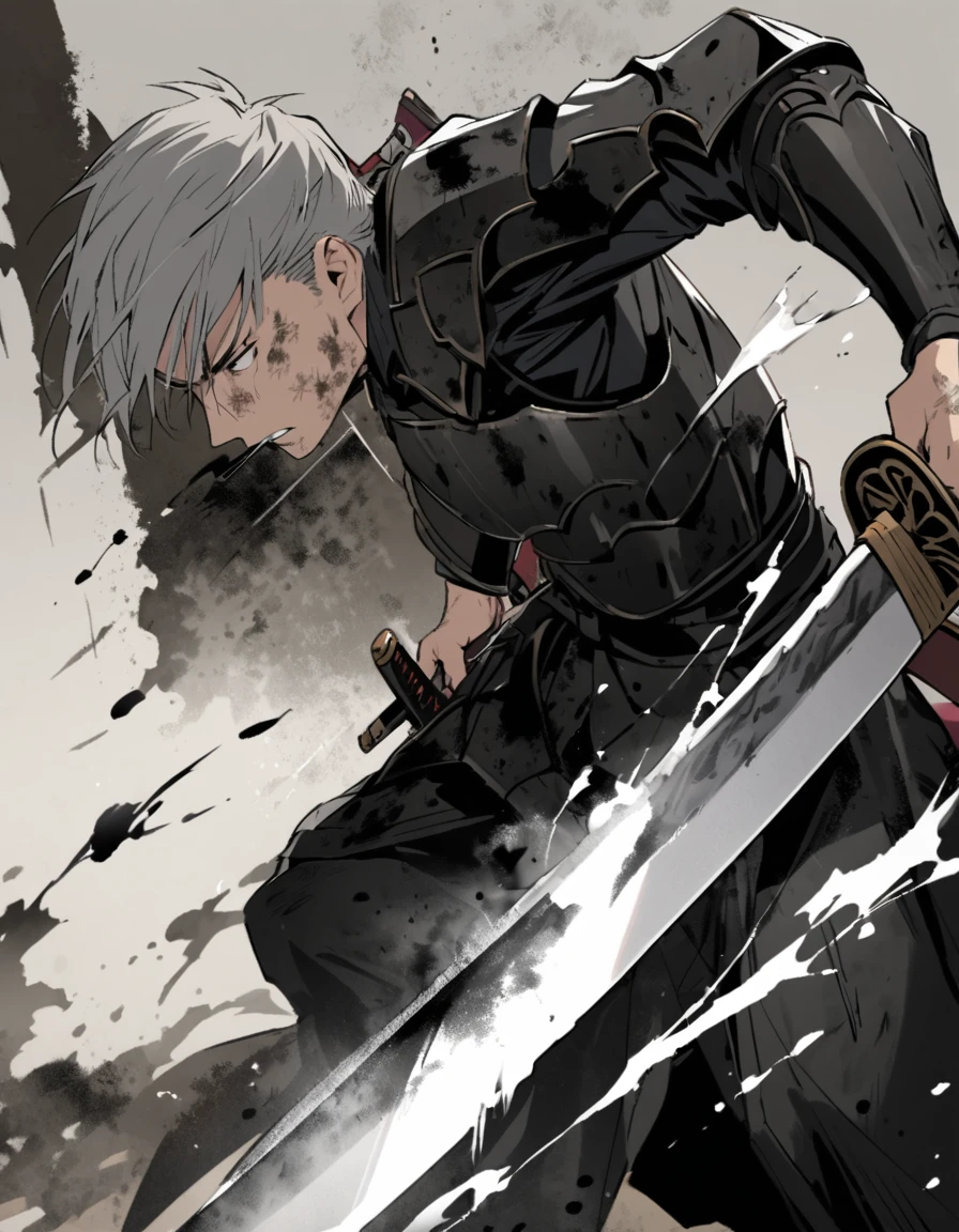 Man with long grey hair　28 years old　Putting a Japanese sword into its sheath　Black armor is dirty and cracked　Ink Painting　