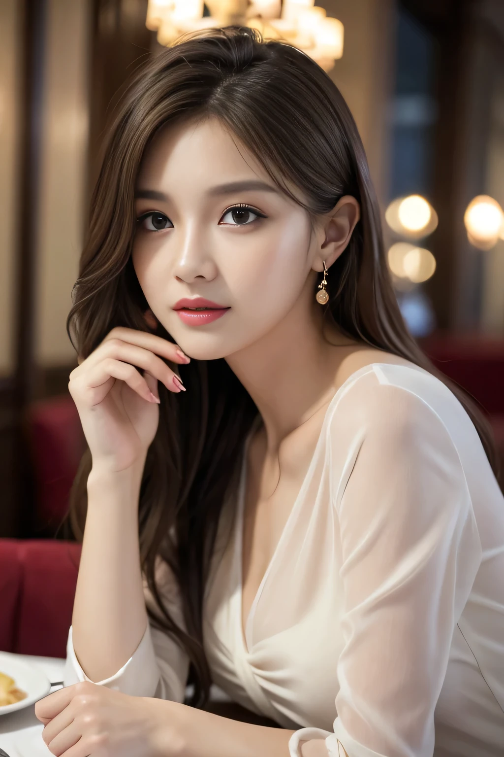 masterpiece, Highest quality, Realistic, Very detailed, Finer details, High resolution, 8k wallpaper, One beautiful woman, Wear an elegant see-through shirt, In a great restaurant, At night, Light brown messy hair, Perfect dynamic composition, Beautiful and beautiful eyes、Big earrings