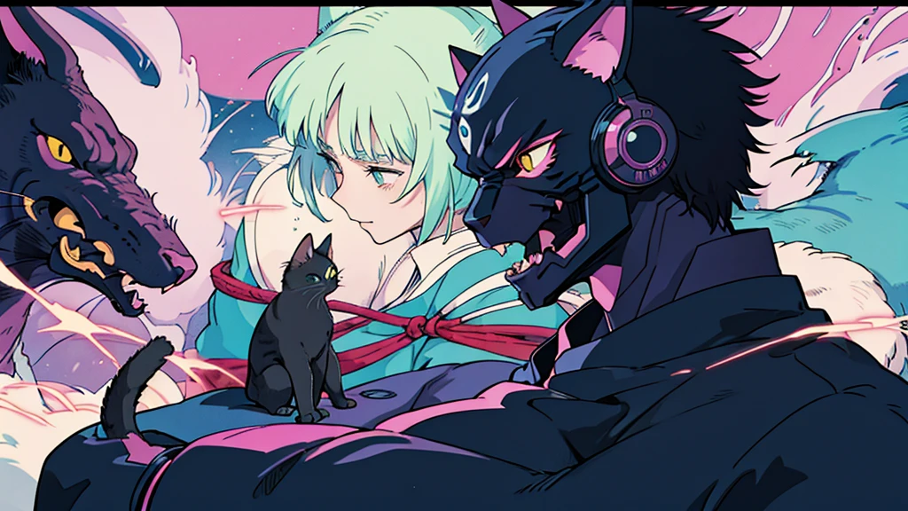 Cat monster human Anime Style Highest quality Japanese cyber punk Delicate quality Beautiful illustrations High quality down to the last detail
