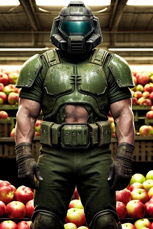 Photo of doomguy in a big market, looking at viewer, crate of apples, (detailed background:1.2), (raw, extremely intricate:1.2), (poor quality photo:0.7), muted colors, cinematic light, best shadow, looking at viewer, (blurry:1.2), full body, reflective metal, textured fabric, silver helmet, (belly:0.5)
