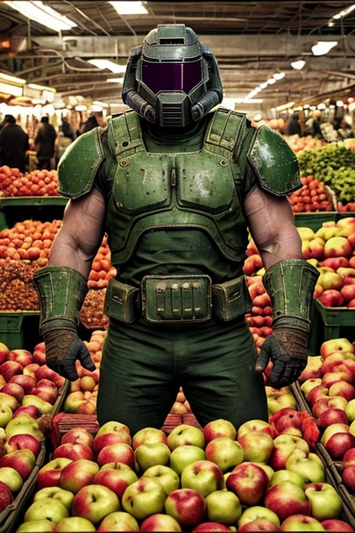 Photo of doomguy in a big market, looking at viewer, crate of apples, (detailed background:1.2), (raw, extremely intricate:1.2), (poor quality photo:0.7), muted colors, cinematic light, best shadow, looking at viewer, (blurry:1.2), full body, reflective metal, textured fabric, silver helmet, (belly:0.5)
