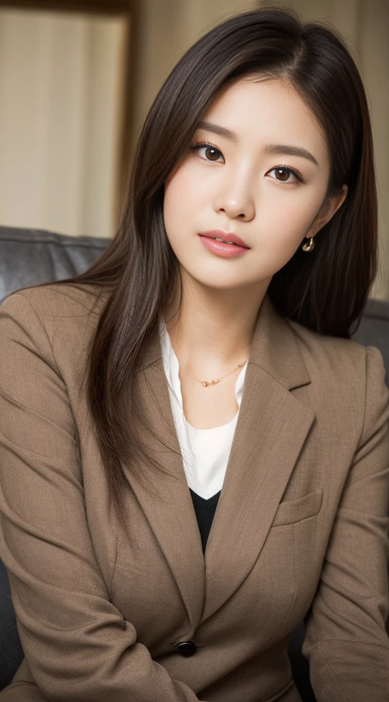 ((Highest quality、8k、masterpiece:1.3))、((Sales Lady:1.3))、Sharp Focus:1.2、(Beautiful Japanese Actresses:1.4)、round face、(Beautiful woman with perfect style:1.4)、((High-class drawing room:1.2))、((Description on sale:1.2))、23 year old、(Insurance Shop:1.2)、((Brown medium hair、Big boobs:1.2))、(neat suit:1.4)、(Sit on the sofa:1.2)、((Name 2[;\s :1.4))、Highly detailed face and skin texture、Gentle expression、Detailed Eye、double eyelid、((The background is quite blurred..4))、