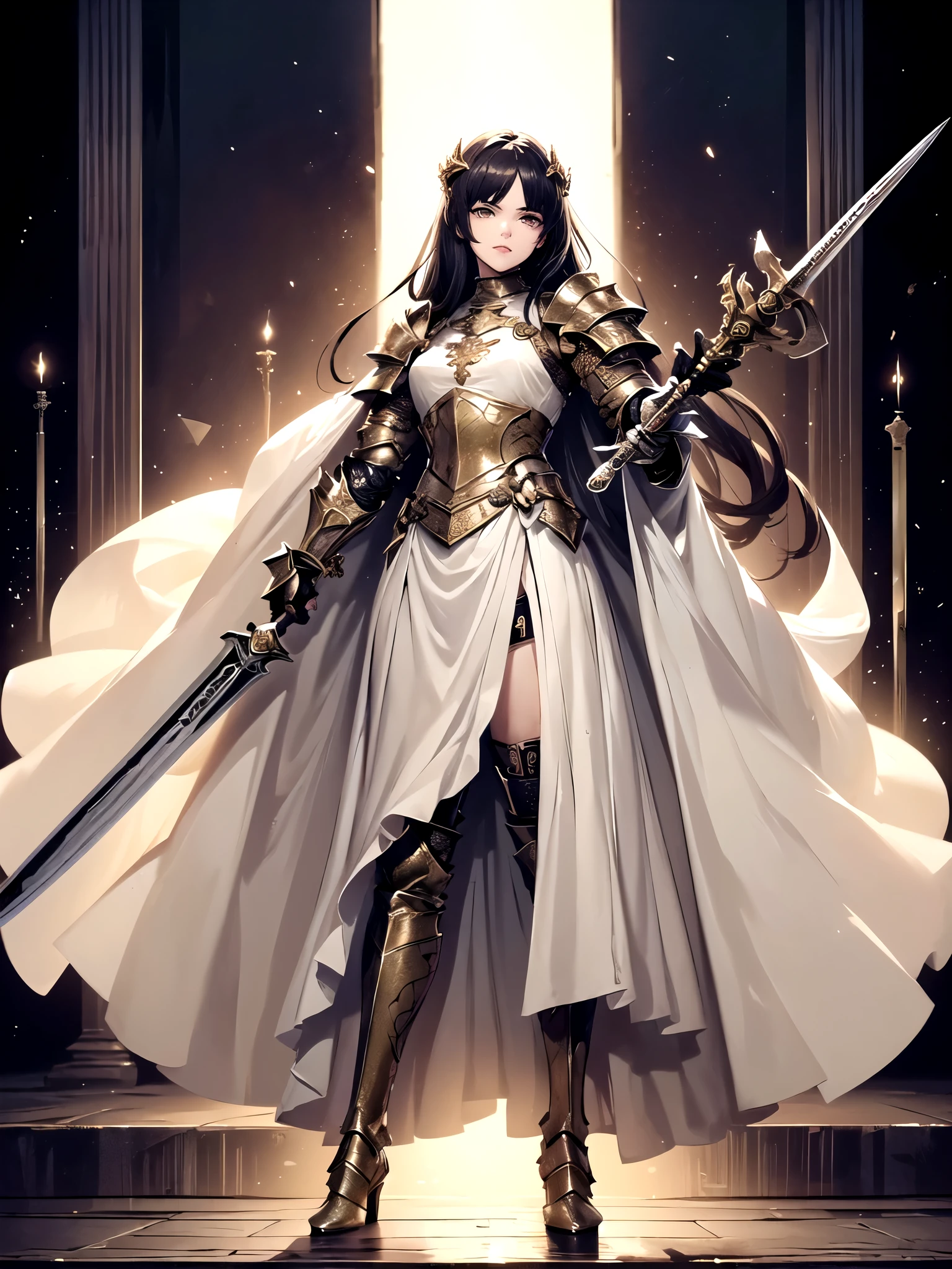 (((masterpiece, best quality, 8k))) Design a layout showcase Gaming character, (1girl),((perfect face, high detailed face)). White clothes+Gold clothes, opulent and dark, ((showcase weapon:1.4)), blade, (masterpiece:1.2), (best quality), 4k, ultra-detailed, (Step by step design, layout art:1.5), (gloomy lighting, cursed atmosphere), light Knight, (cursed gloves), (revealing armor:1.3), light vambraces, boots, (full_body_shot:1.4)
