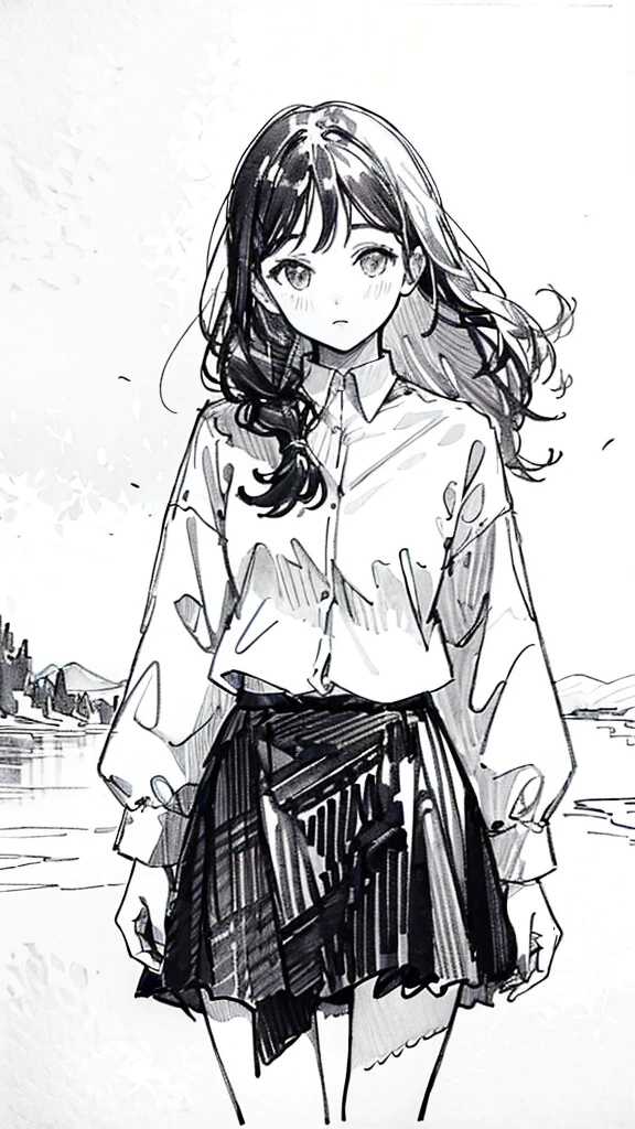 One Girl,Line art,Monochrome,sketch,Pencil drawing,Traditional Media,One Girl, 黒いskirtフェンス, Long Hair Shirt, Long sleeve, skirt, alone、Are standing、Cute Teenage Girls, ,Beautiful portrait、Delicate body、Ezvian everywhere、Black Hair、Black Hair,landscape
