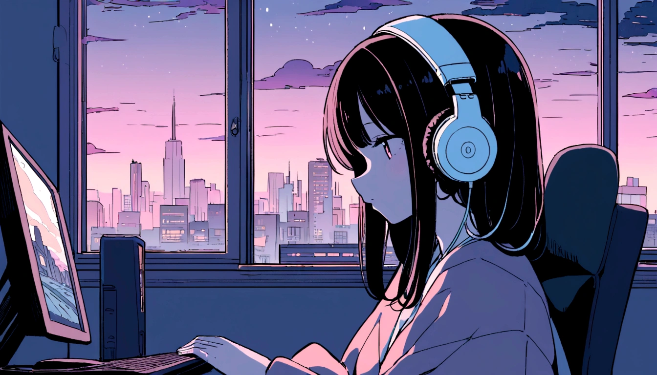 Portrait、512、Lo-Fi、Girl sitting on a chair wearing headphones、Take a nap at your desk、close your eyes、city view outside the window、evening、pastel colour、Painting、A beautiful Japanese woman in her twenties sitting at a computer by the window、Outside the window is the city at night、 