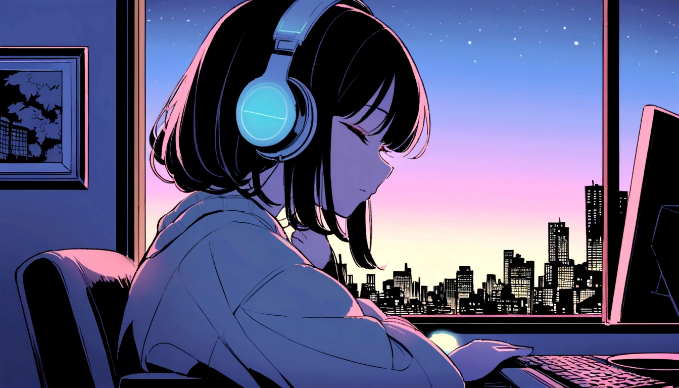 Portrait、512、Lo-Fi、Girl sitting on a chair wearing headphones、Take a nap at your desk、close your eyes、city view outside the window、evening、pastel colour、Painting、A beautiful Japanese woman in her twenties sitting at a computer by the window、Outside the window is the city at night、 