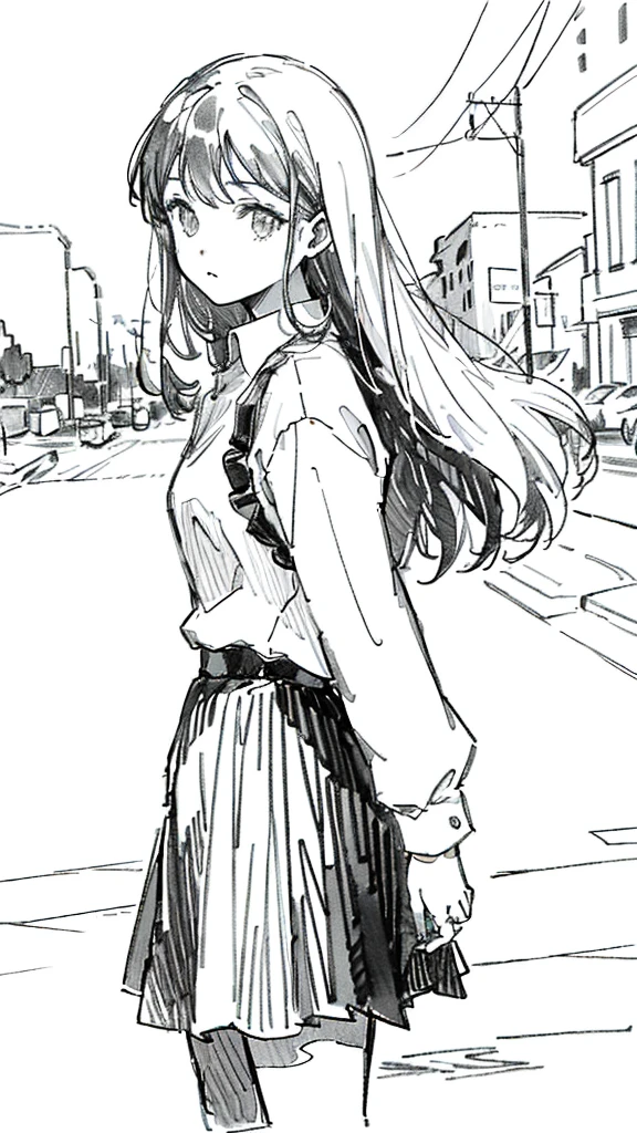 One Girl,Line art,Monochrome,sketch,Pencil drawing,Traditional Media,One Girl, 黒いskirtフェンス, Long Hair Shirt, Long sleeve, skirt, alone、Are standing、Cute Teenage Girl, ,Beautiful portrait、Delicate body、Esbian all over、Black Hair、Black Hair,landscape