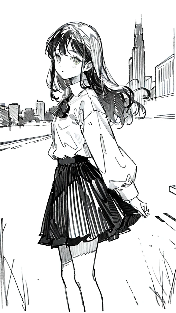 One Girl,Line art,Monochrome,sketch,Pencil drawing,Traditional Media,One Girl, 黒いskirtフェンス, Long Hair Shirt, Long sleeve, skirt, alone、Are standing、Cute Teenage Girl, ,Beautiful portrait、Delicate body、Esbian all over、Black Hair、Black Hair,landscape